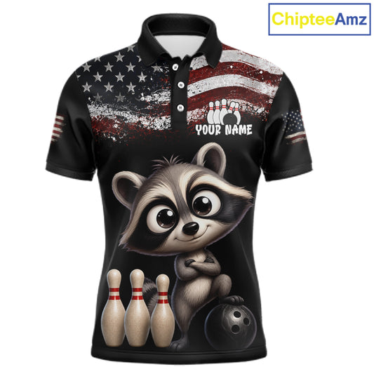 Personalized American Flag Raccoon Men Bowling Polo Shirt, Custom Patriotic Bowling Jersey NHT1509