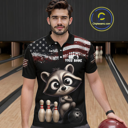 Personalized American Flag Raccoon Men Bowling Polo Shirt, Custom Patriotic Bowling Jersey NHT1509