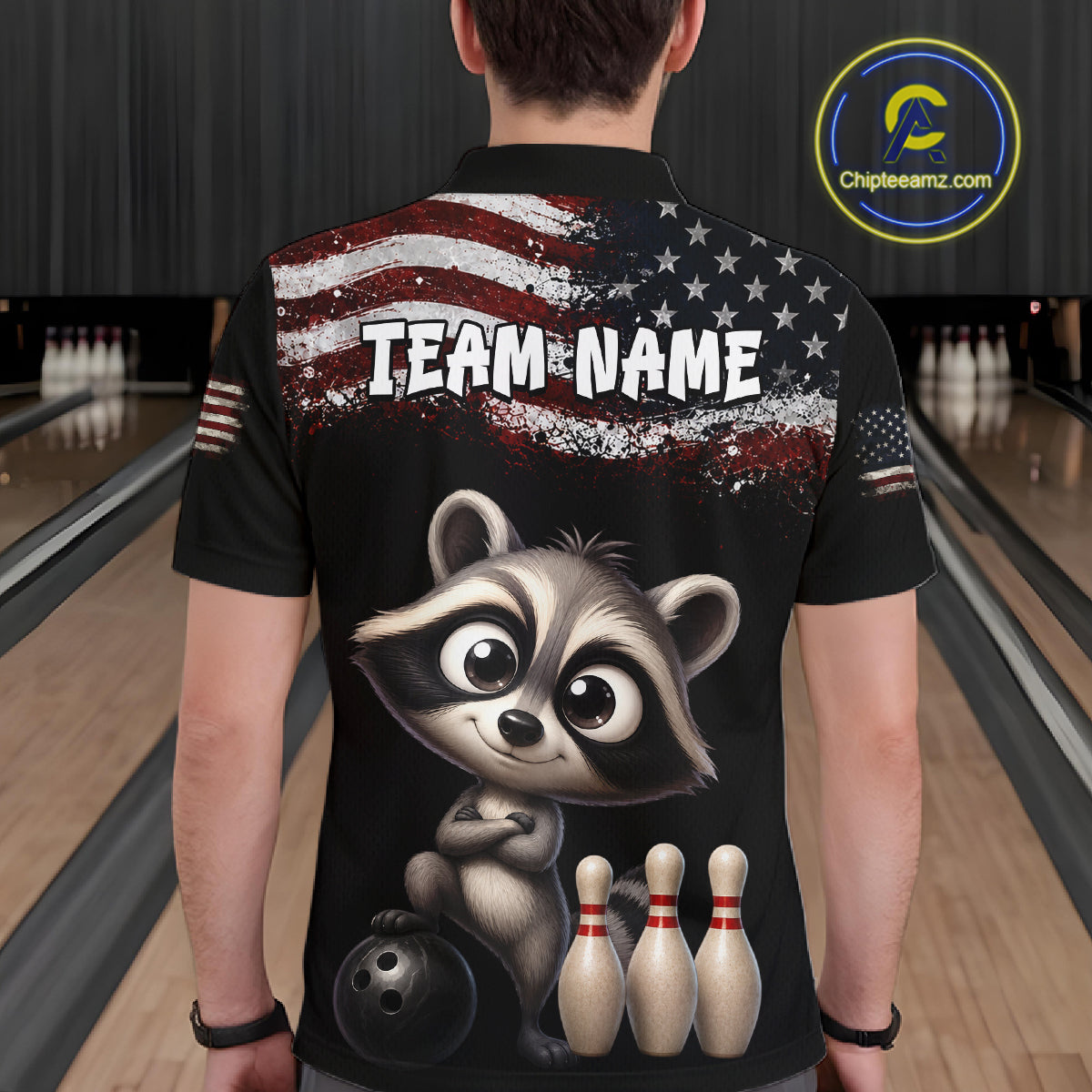 Personalized American Flag Raccoon Men Bowling Polo Shirt, Custom Patriotic Bowling Jersey NHT1509
