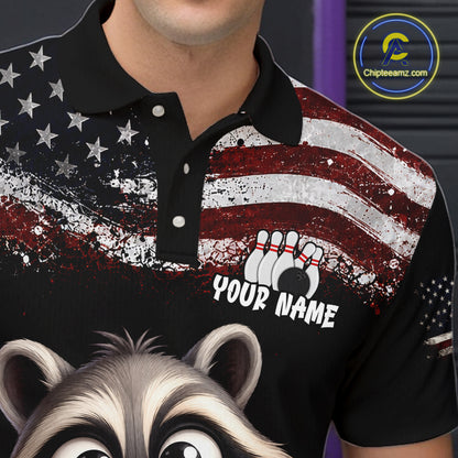 Personalized American Flag Raccoon Men Bowling Polo Shirt, Custom Patriotic Bowling Jersey NHT1509