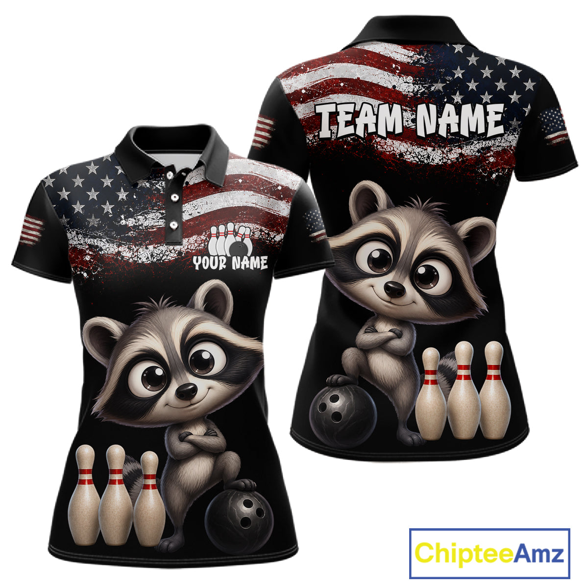Personalized American Flag Raccoon Women Bowling Polo Shirt, Custom Patriotic Bowling Jersey NHT1509