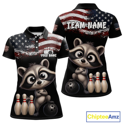 Personalized American Flag Raccoon Women Bowling Polo Shirt, Custom Patriotic Bowling Jersey NHT1509