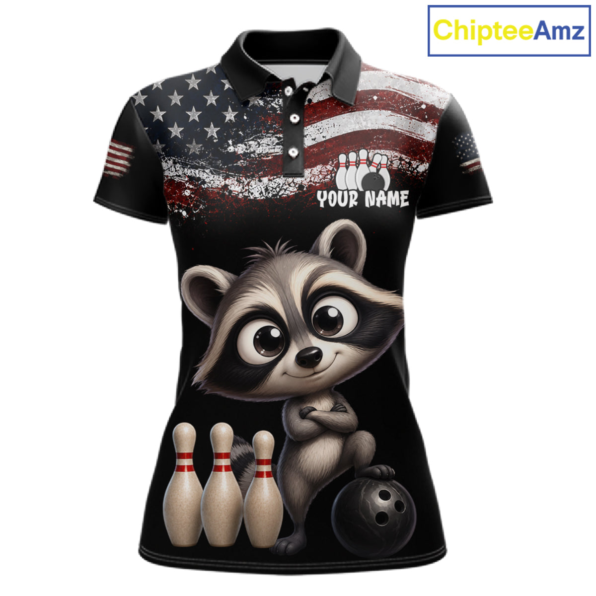 Personalized American Flag Raccoon Women Bowling Polo Shirt, Custom Patriotic Bowling Jersey NHT1509