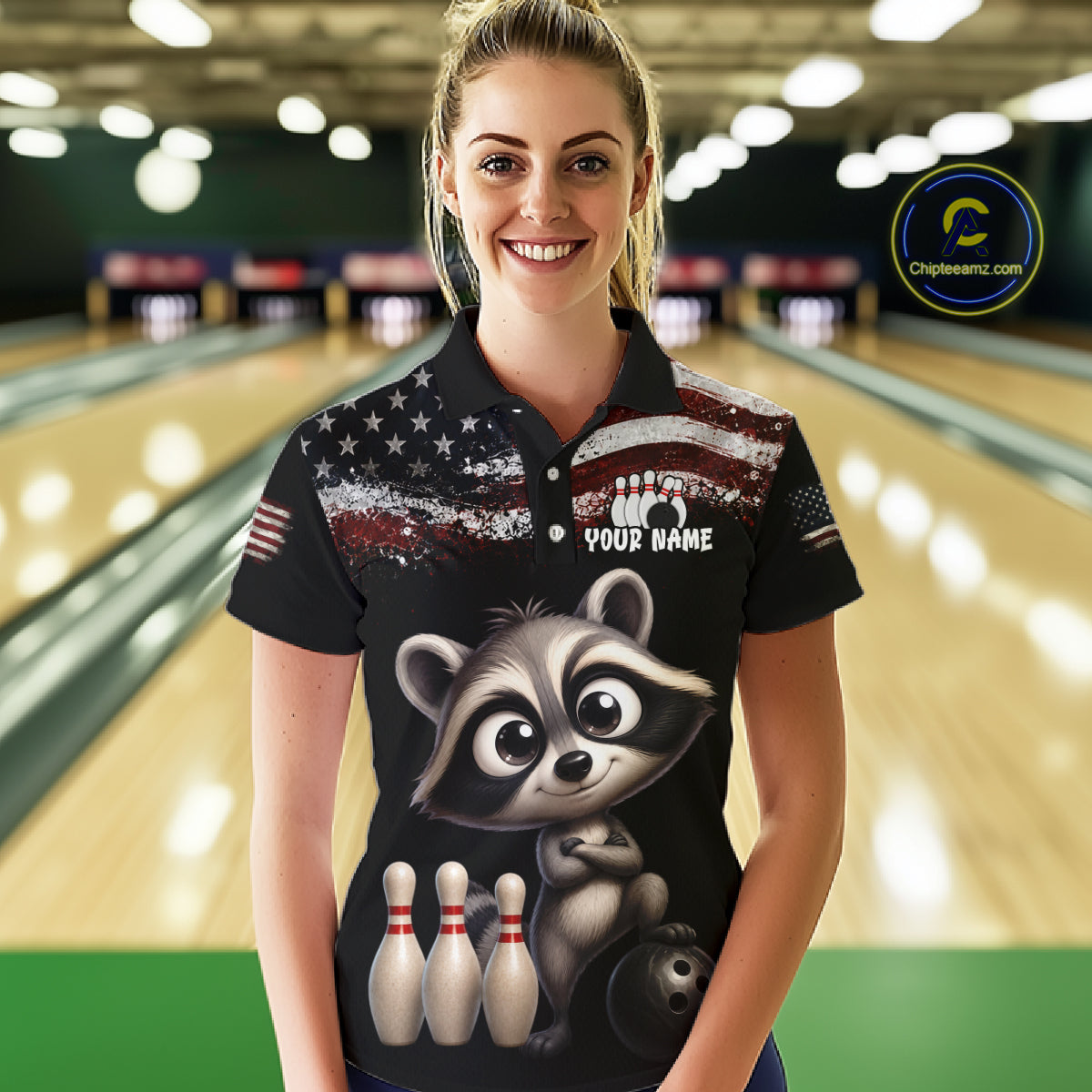 Personalized American Flag Raccoon Women Bowling Polo Shirt, Custom Patriotic Bowling Jersey NHT1509