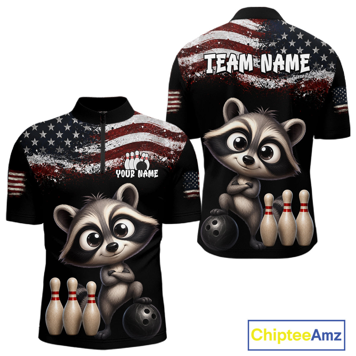 Personalized American Flag Raccoon Men Bowling Polo Shirt, Custom Patriotic Bowling Jersey NHT1509