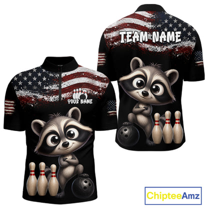 Personalized American Flag Raccoon Men Bowling Polo Shirt, Custom Patriotic Bowling Jersey NHT1509