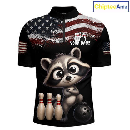 Personalized American Flag Raccoon Men Bowling Polo Shirt, Custom Patriotic Bowling Jersey NHT1509