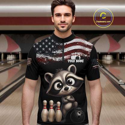 Personalized American Flag Raccoon Men Bowling Polo Shirt, Custom Patriotic Bowling Jersey NHT1509