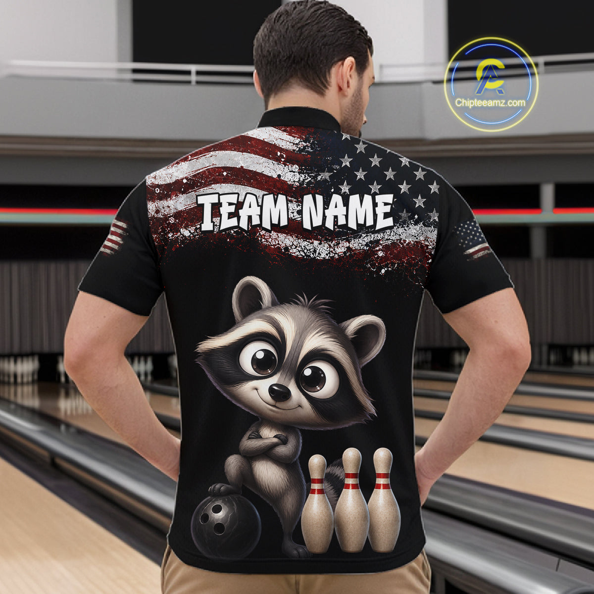 Personalized American Flag Raccoon Men Bowling Polo Shirt, Custom Patriotic Bowling Jersey NHT1509
