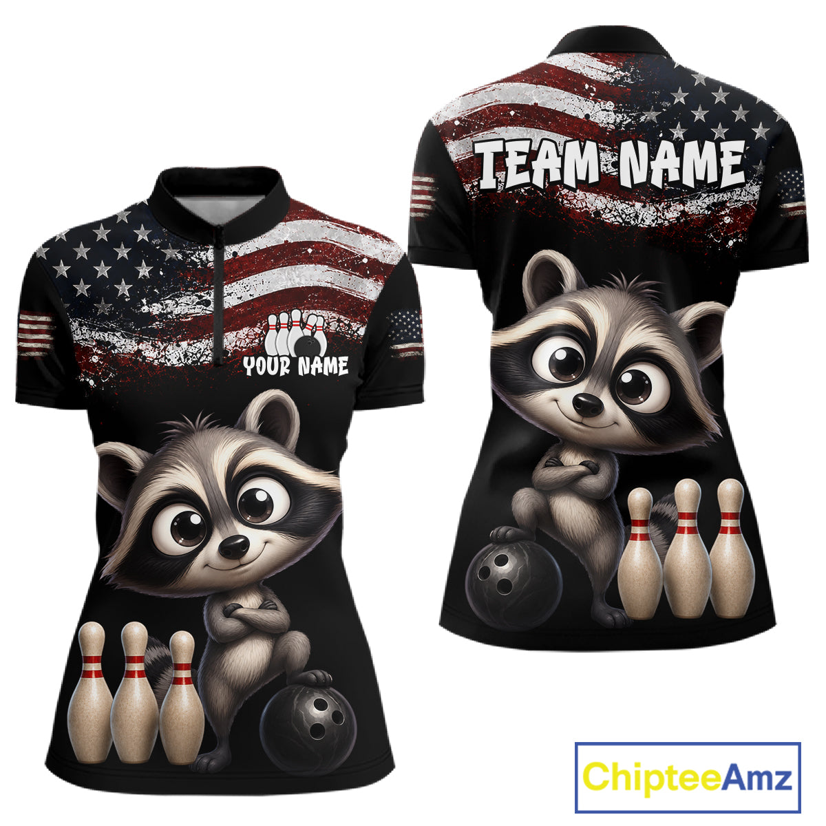 Personalized American Flag Raccoon Women Bowling Polo Shirt, Custom Patriotic Bowling Jersey NHT1509