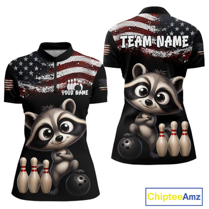 Personalized American Flag Raccoon Women Bowling Polo Shirt, Custom Patriotic Bowling Jersey NHT1509