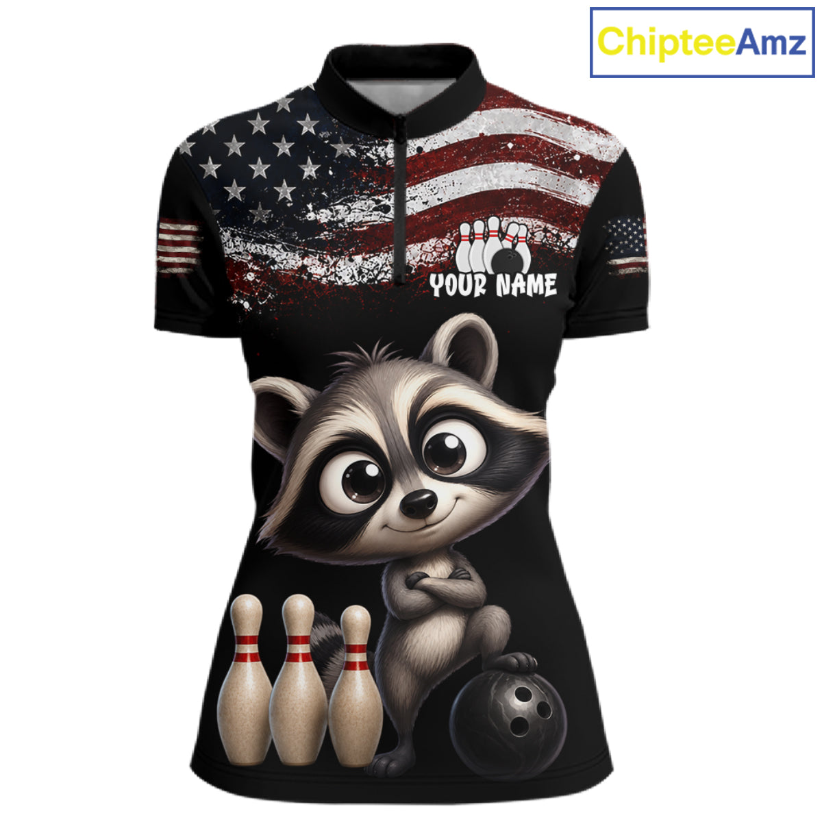 Personalized American Flag Raccoon Women Bowling Polo Shirt, Custom Patriotic Bowling Jersey NHT1509