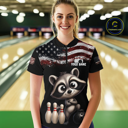Personalized American Flag Raccoon Women Bowling Polo Shirt, Custom Patriotic Bowling Jersey NHT1509