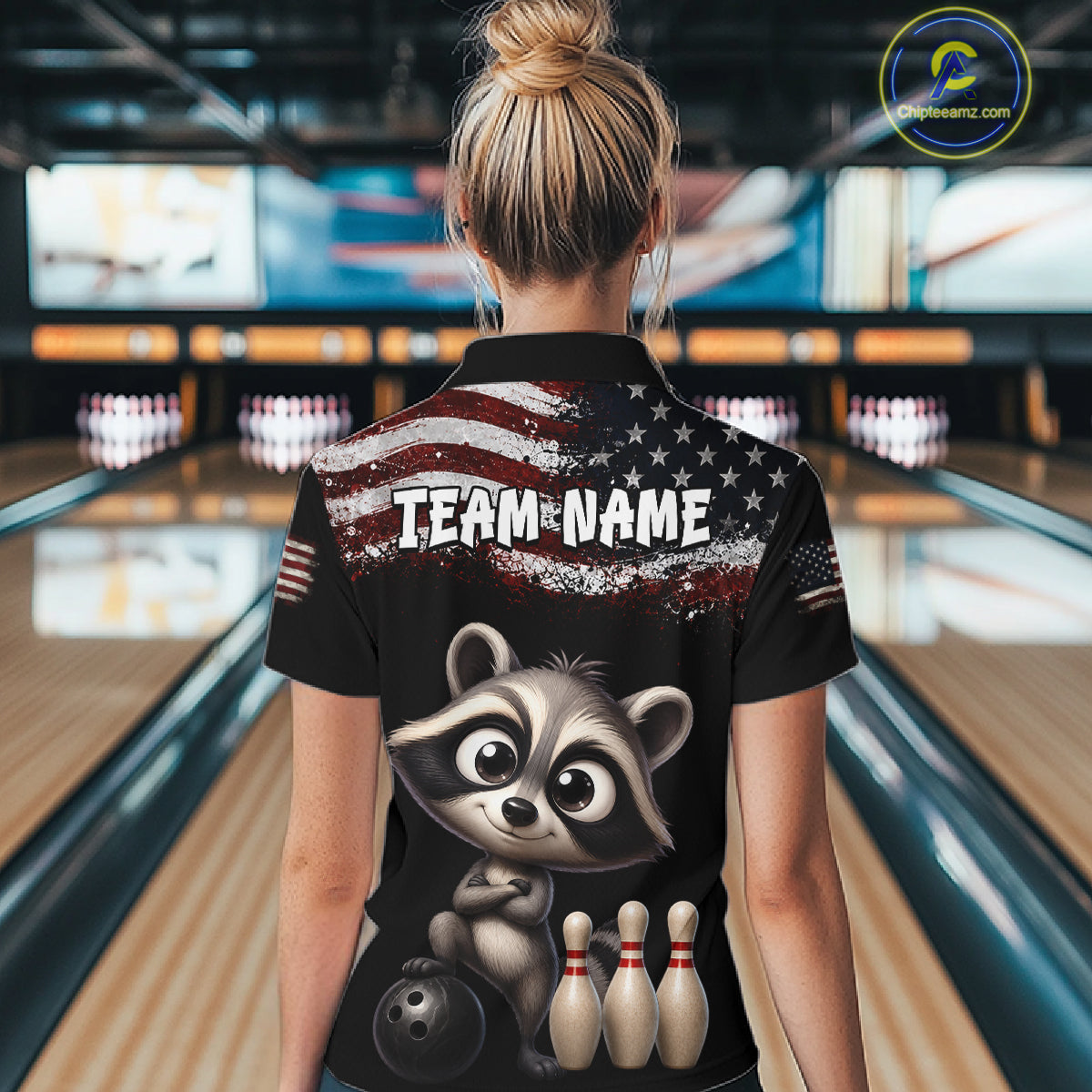 Personalized American Flag Raccoon Women Bowling Polo Shirt, Custom Patriotic Bowling Jersey NHT1509