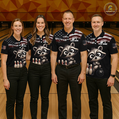 Personalized American Flag Raccoon Women Bowling Polo Shirt, Custom Patriotic Bowling Jersey NHT1509