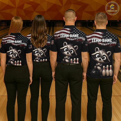 Personalized American Flag Raccoon Women Bowling Polo Shirt, Custom Patriotic Bowling Jersey NHT1509