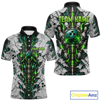 Green Biomechanical Bowling Ball Pins Polo Shirt For Men Custom Sci-Fi Team Tournament Jersey NHT1674