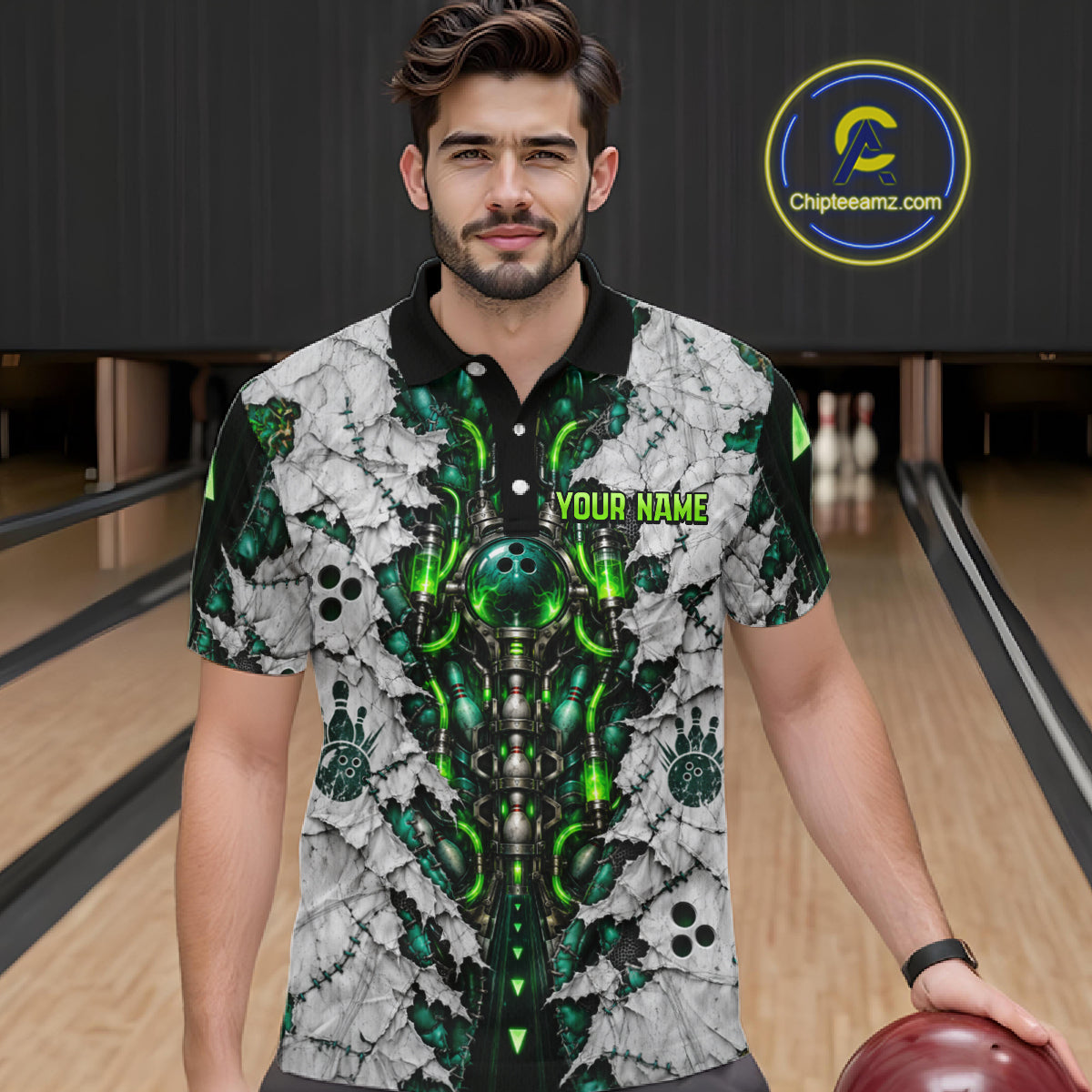 Green Biomechanical Bowling Ball Pins Polo Shirt For Men Custom Sci-Fi Team Tournament Jersey NHT1674