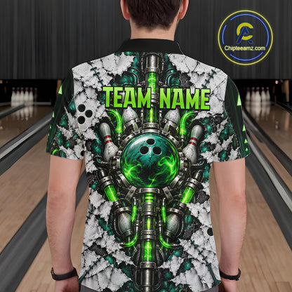 Green Biomechanical Bowling Ball Pins Polo Shirt For Men Custom Sci-Fi Team Tournament Jersey NHT1674