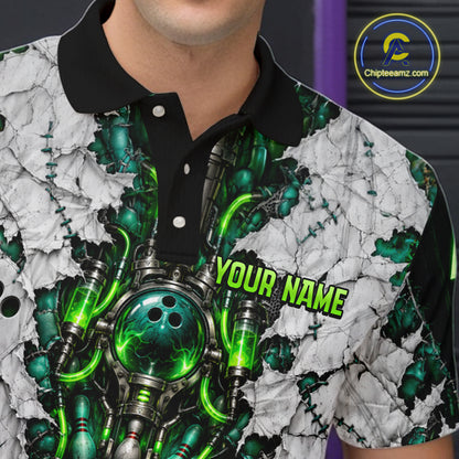 Green Biomechanical Bowling Ball Pins Polo Shirt For Men Custom Sci-Fi Team Tournament Jersey NHT1674