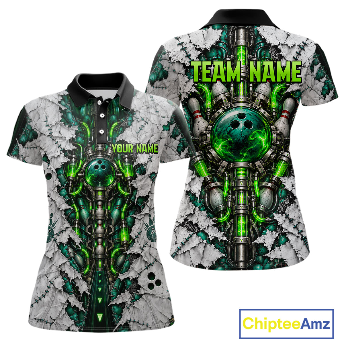 Green Biomechanical Bowling Ball Pins Polo Shirt For Women Custom Sci-Fi Team Tournament Jersey NHT1674