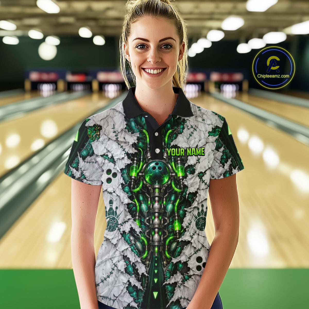 Green Biomechanical Bowling Ball Pins Polo Shirt For Women Custom Sci-Fi Team Tournament Jersey NHT1674