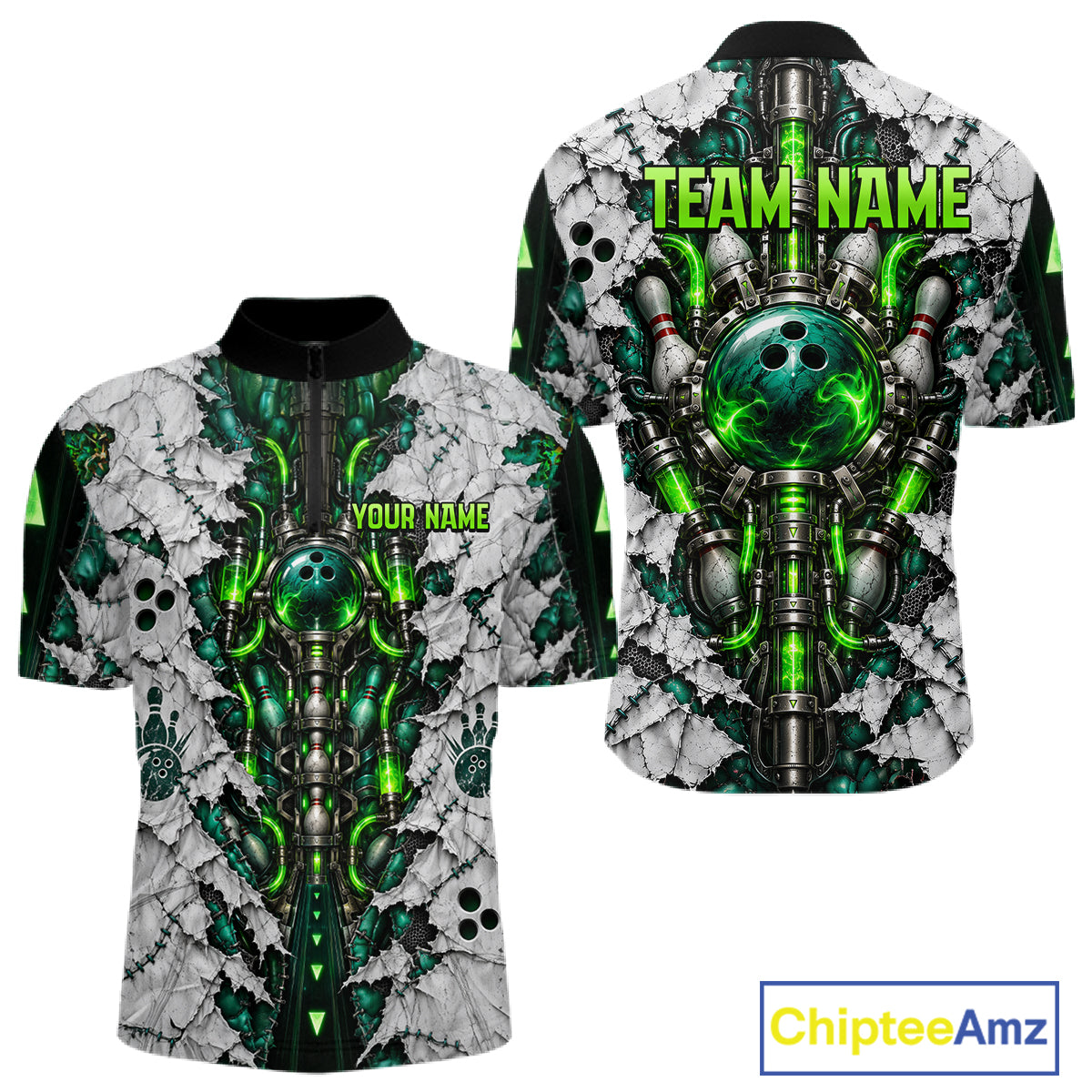 Green Biomechanical Bowling Ball Pins Polo Shirt For Men Custom Sci-Fi Team Tournament Jersey NHT1674