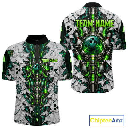 Green Biomechanical Bowling Ball Pins Polo Shirt For Men Custom Sci-Fi Team Tournament Jersey NHT1674