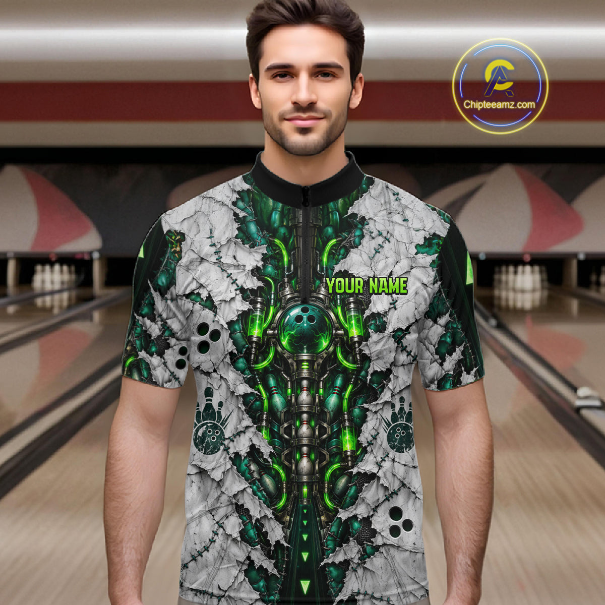 Green Biomechanical Bowling Ball Pins Polo Shirt For Men Custom Sci-Fi Team Tournament Jersey NHT1674