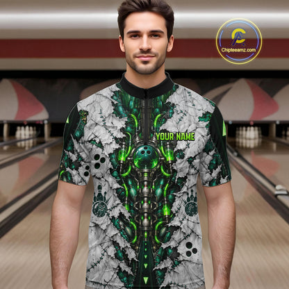 Green Biomechanical Bowling Ball Pins Polo Shirt For Men Custom Sci-Fi Team Tournament Jersey NHT1674