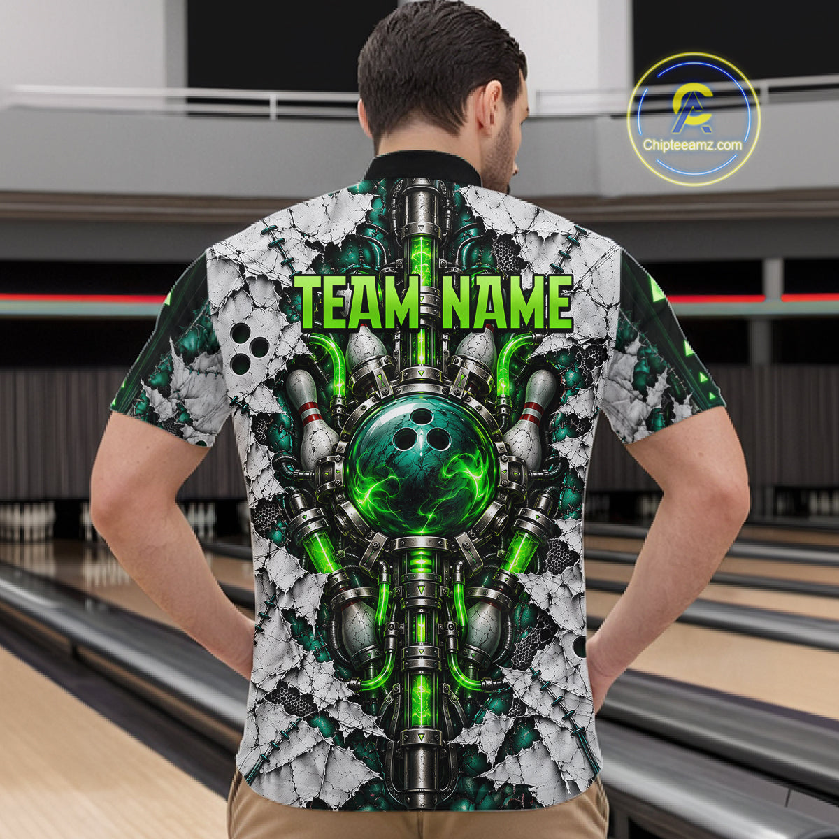 Green Biomechanical Bowling Ball Pins Polo Shirt For Men Custom Sci-Fi Team Tournament Jersey NHT1674