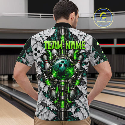 Green Biomechanical Bowling Ball Pins Polo Shirt For Men Custom Sci-Fi Team Tournament Jersey NHT1674