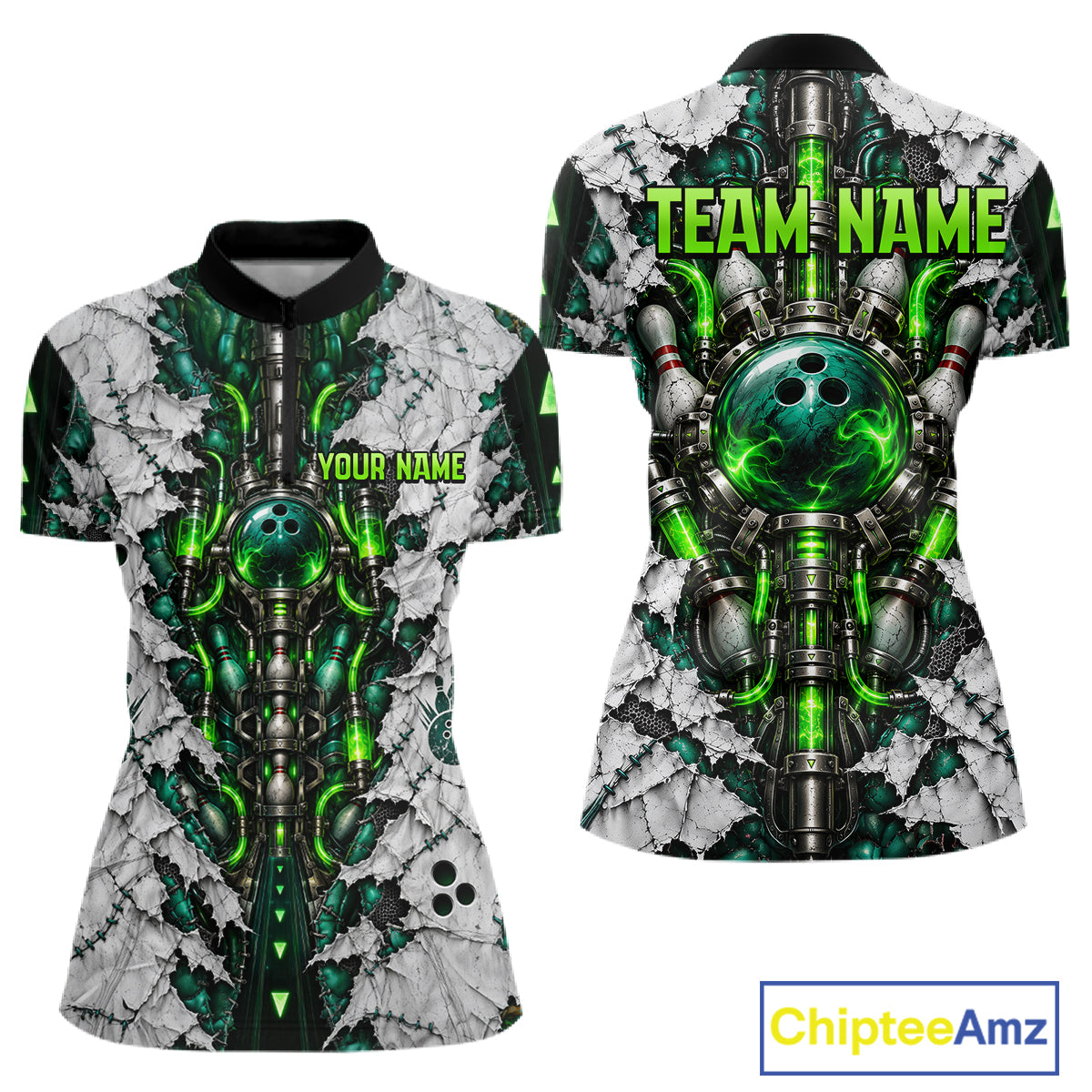 Green Biomechanical Bowling Ball Pins Polo Shirt For Women Custom Sci-Fi Team Tournament Jersey NHT1674