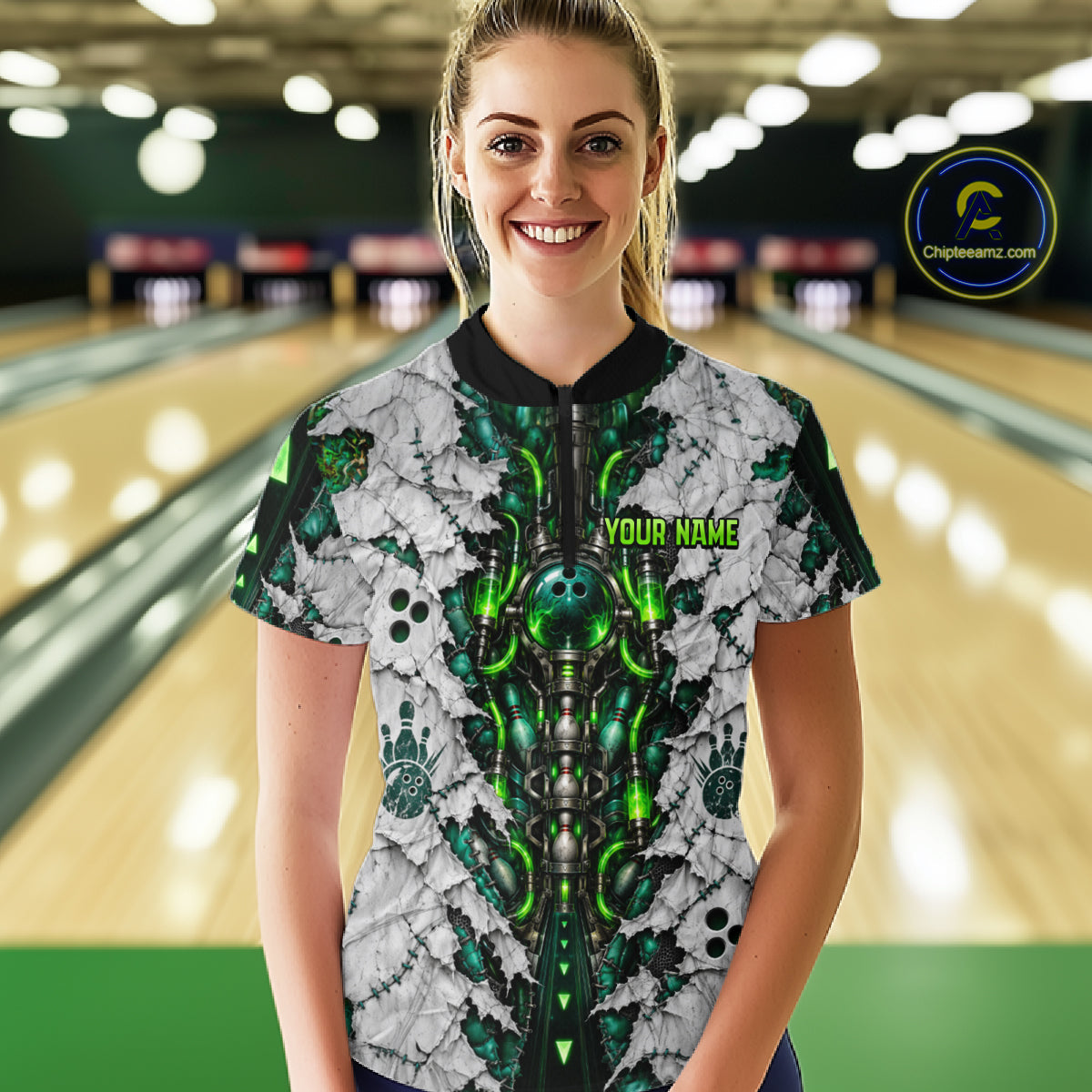 Green Biomechanical Bowling Ball Pins Polo Shirt For Women Custom Sci-Fi Team Tournament Jersey NHT1674