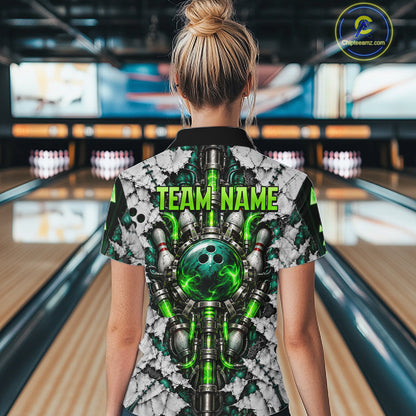 Green Biomechanical Bowling Ball Pins Polo Shirt For Women Custom Sci-Fi Team Tournament Jersey NHT1674