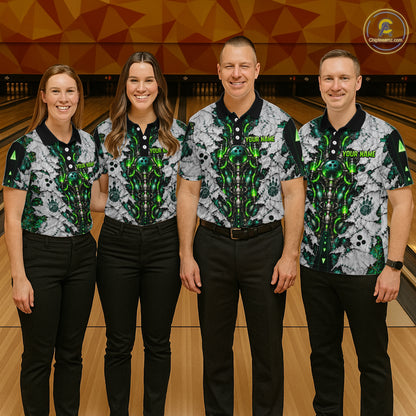 Green Biomechanical Bowling Ball Pins Polo Shirt For Women Custom Sci-Fi Team Tournament Jersey NHT1674