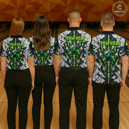 Green Biomechanical Bowling Ball Pins Polo Shirt For Women Custom Sci-Fi Team Tournament Jersey NHT1674