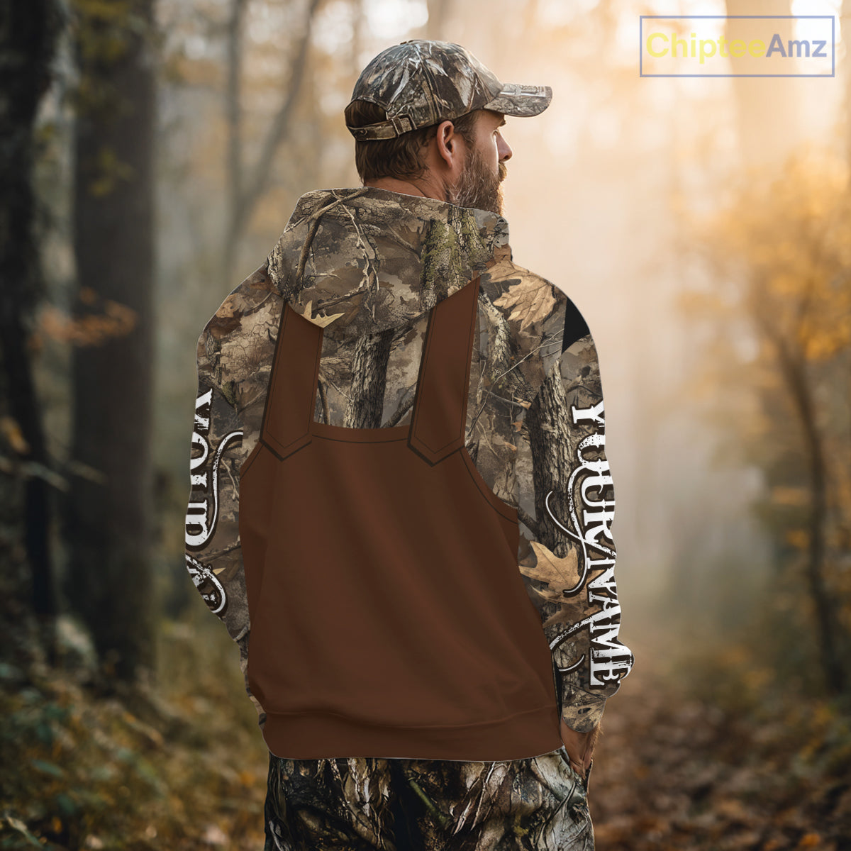 Deer Hunting Hoodie & Sweatshirt – Brown Bib Overalls Style with Custom Name Camo Design NHT346