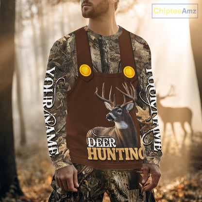 Deer Hunting Hoodie & Sweatshirt – Brown Bib Overalls Style with Custom Name Camo Design NHT346
