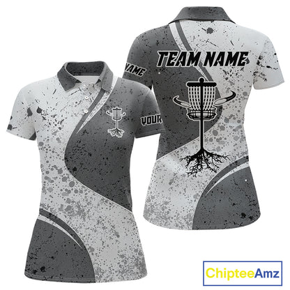 Womens Disc Golf Polo Shirt Gray Camo Disc Golf Basket, Personalized Disc Golf Shirts NHT896