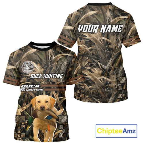 Yellow Lab 3D Shirt Retrieving Mallard Duck, Custom Name Duck Hunting Clothes NHT217