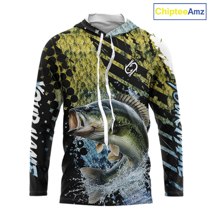 Bass Fishing Shirts Long Sleeve Hooded Dark Water Art Style Personalized Name, Fishing Gift NHT405