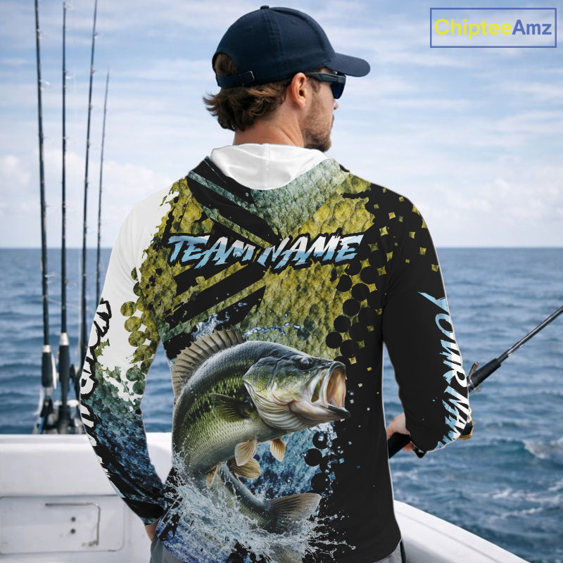 Bass Fishing Shirts Long Sleeve Hooded Dark Water Art Style Personalized Name, Fishing Gift NHT405