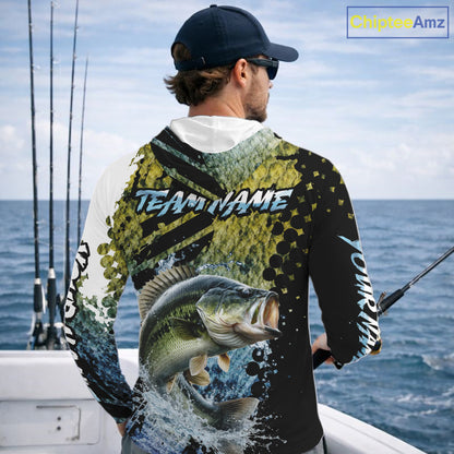 Bass Fishing Shirts Long Sleeve Hooded Dark Water Art Style Personalized Name, Fishing Gift NHT405
