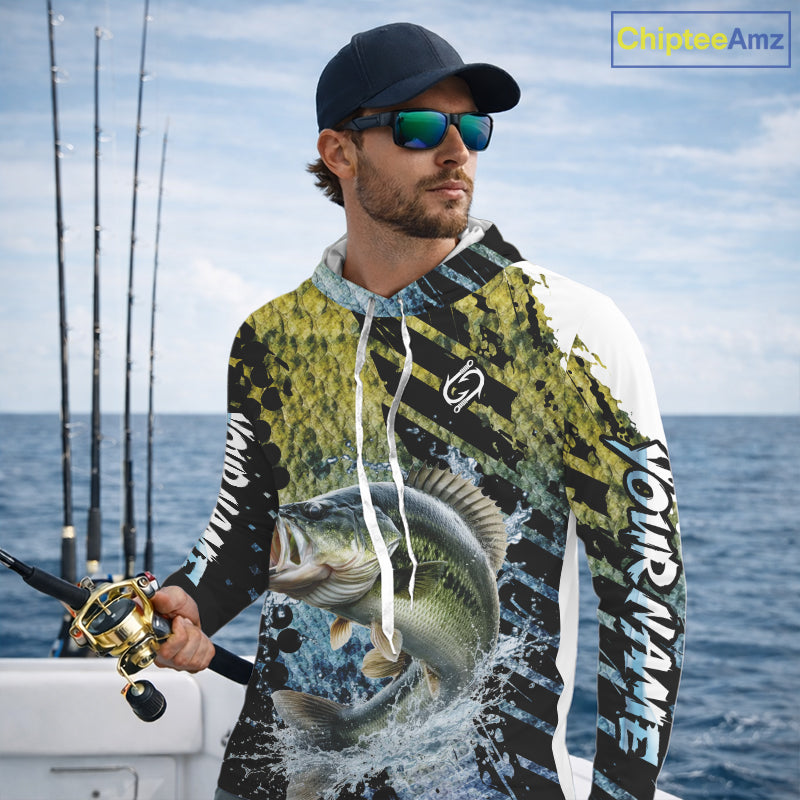 Bass Fishing Shirts Long Sleeve Hooded Dark Water Art Style Personalized Name, Fishing Gift NHT405