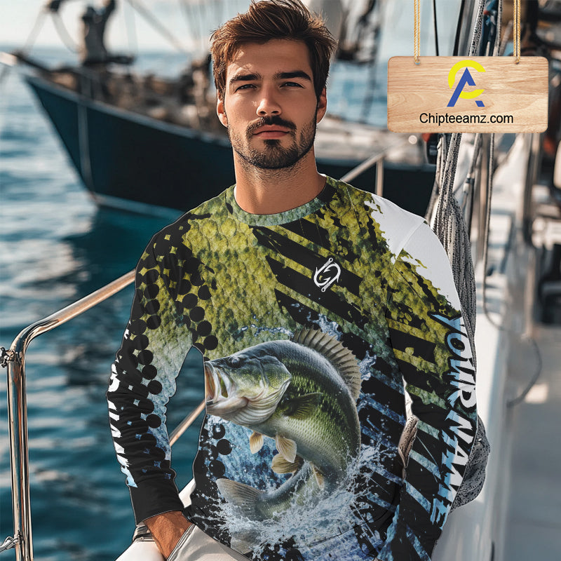 Bass Fishing Shirts Long Sleeve Dark Water Art Style Personalized Name, Fishing Gift NHT405