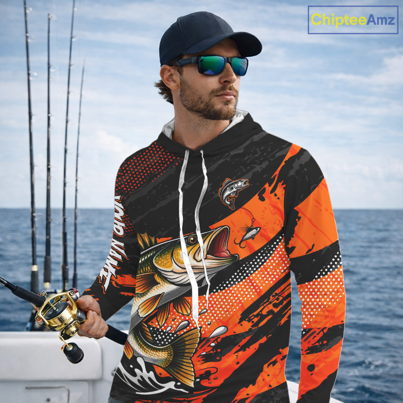 Personalized Walleye Fishing Long Sleeve Hooded Tournament Shirt For Men, Performance Fishing Shirt NHT461