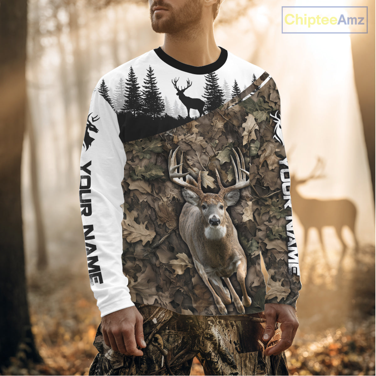 Deer Hunting Shirt, Custom Name Whitetail Buck Running Deer Camo 3D All Over Print NHT1519