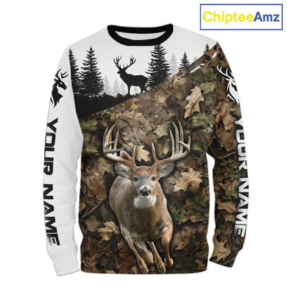 Deer Hunting Shirt, Custom Name Whitetail Buck Running Deer Camo 3D All Over Print NHT1519