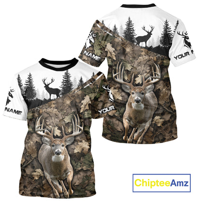 Deer Hunting Shirt, Custom Name Whitetail Buck Running Deer Camo 3D All Over Print NHT1519